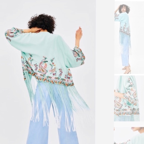 [ZARA] EMBROIDERED KIMONO with OMBRÉ FRINGING - Picture 5 of 8